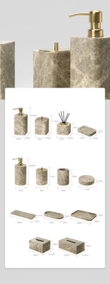 MarmoImperial Luxus Badaccessoire-Set aus Naturmarmor – 7-teiliges Premium Badezimmer-Set in Emperador Light Optik